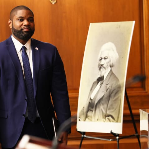 Rep. Byron Donalds and House Speaker Mike Johnson&nbsp;after formally unveiling the Frederick Douglass Press Gallery in the Rayburn Reception Room of the US Capitol.