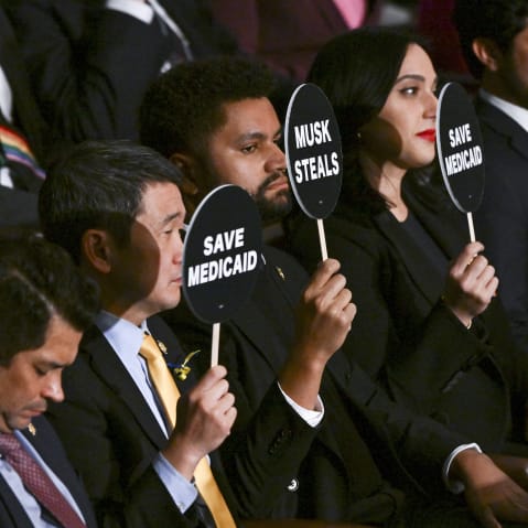 Democratic lawmakers hold black and white signs that read " Save Medicaid" and "Elon Steals."