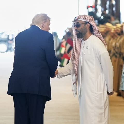 President Donald Trump shakes hands with Tahnoon bin Zayed Al Nahyan, national security adviser of UAE.