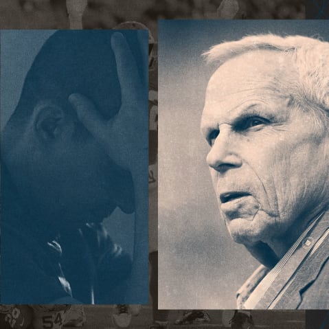 Photo illustration of Steve Tisch overlaid on an image of the Giants winning a game, next to a photo of a man with his head in his hands.