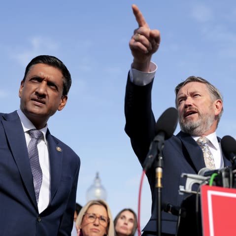 Rep. Thomas Massie and Rep. Ro Khanna during a news conference on the Epstein Files Transparency Act on Nov. 18, 2025 outside the U.S. Capitol.