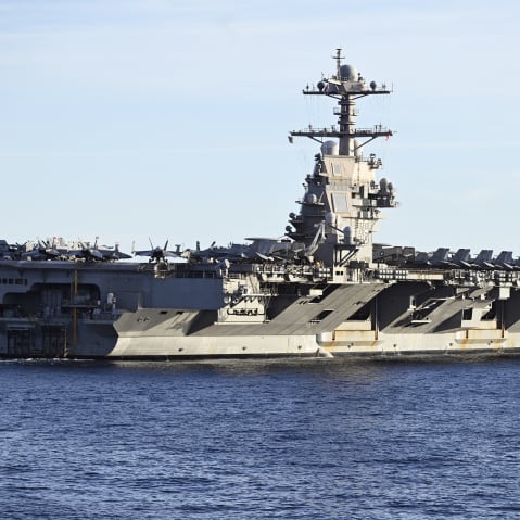 The world's largest aircraft carrier USS Gerald R. Ford in the North Sea.
