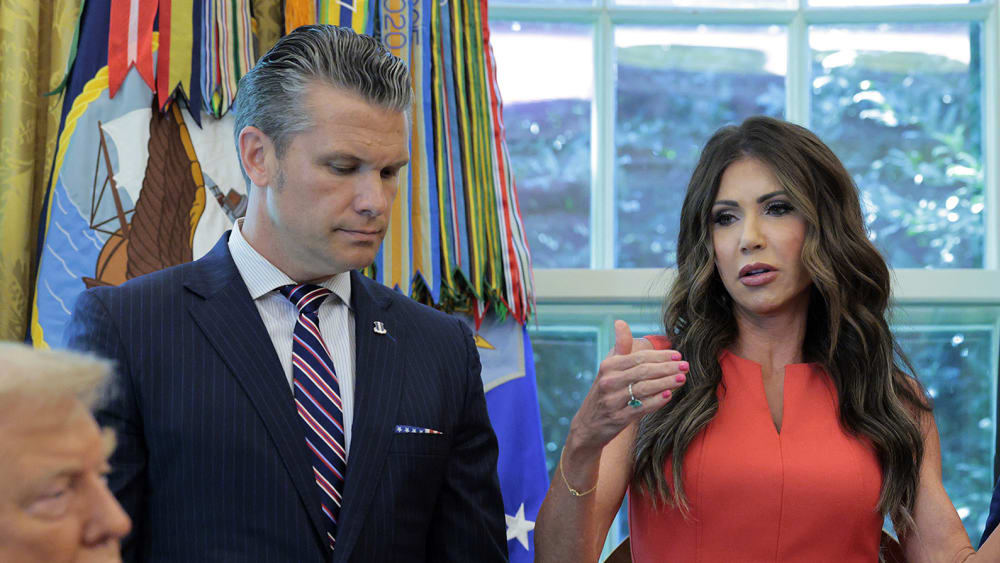 U.S. President Donald Trump is joined by Defense Secretary Pete Hegseth, and Homeland Security Secretary Kristi Noem.