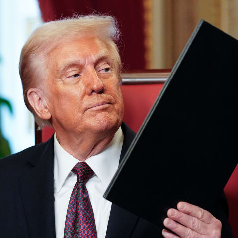 Newly sworn-in President Donald Trump takes part in a signing ceremony in the President's Room following the 60th inaugural ceremony on Jan. 20, 2025 at the US Capitol in Washington, D.C.