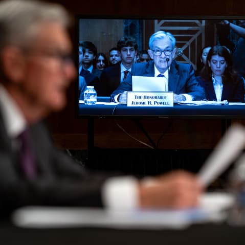 Fed Chair Jerome Powell looks uneasy as he testifies before the Senate Committee.