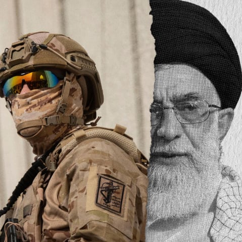 Photoillustration of Islamic Revolutionary Guard Corps member blocking an image of Ayatollah Ali Khamenei.