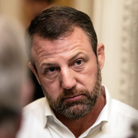 Sen. Markwayne Mullin speaks to reporters on Capitol Hill.