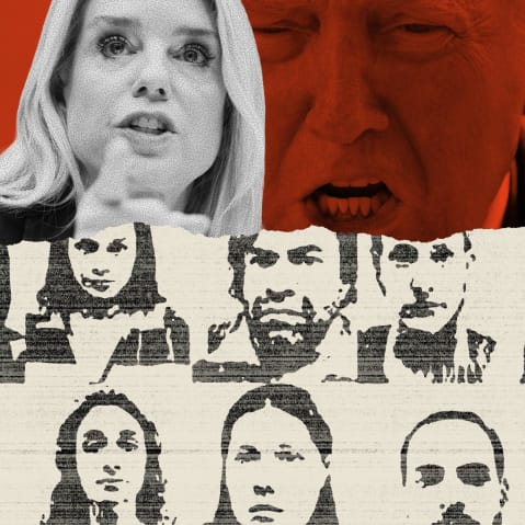 A collage showing Pam Bondi, Donald Trump, and the mugshots of suspects accused of being Antifa members