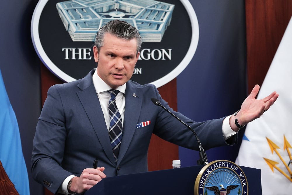 Secretary of Defense Pete Hegseth provides updates on military operations in Iran during a press briefing.