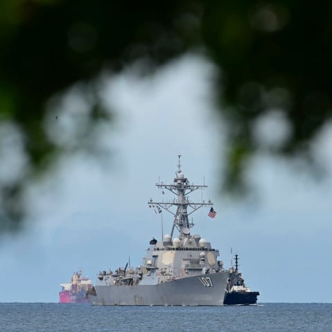 A warship on the water.