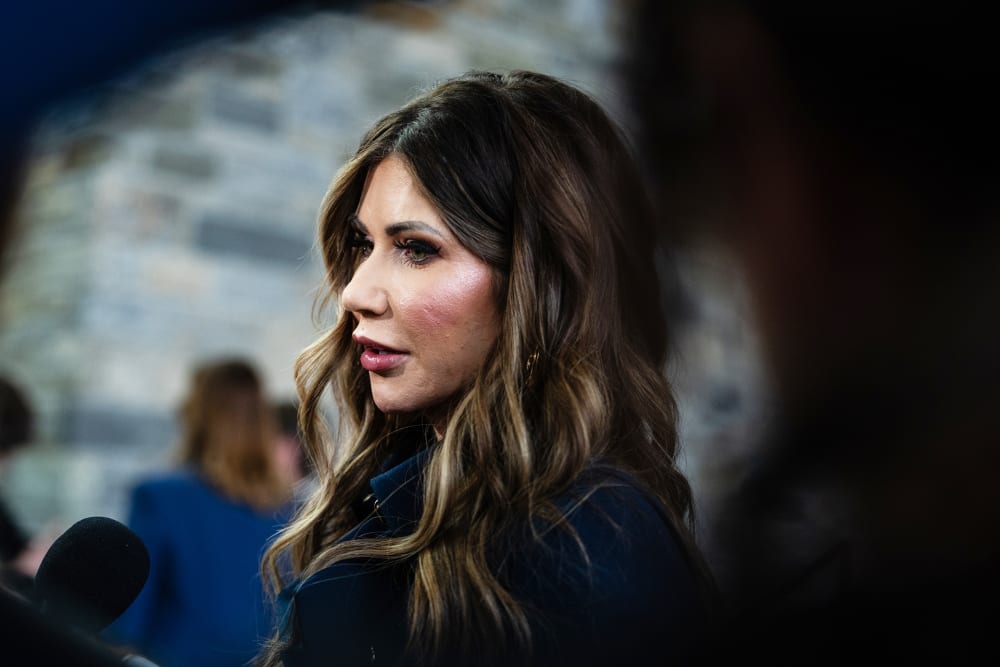 Kristi Noem, secretary of the US Department of Homeland Security, speaks to members of the media during a news conference.