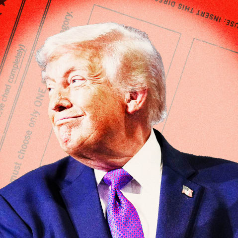 Photoillustration of a spotlight on Donald Trump, smiling over a red voting ballot.