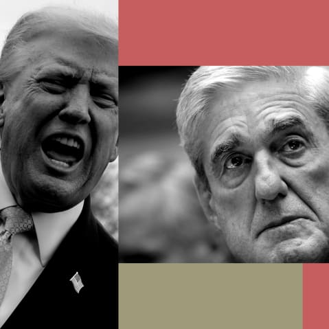 This collage shows Donald Trump on the left and Robert Mueller on the right.