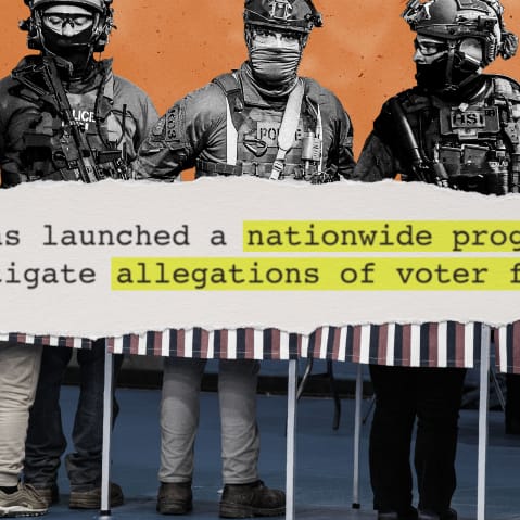 Three men in military outfits stand above a quote that reads "HSI has launched a nationwide program to investigate allegations of voter fraud." Underneath is a photo depicting the legs and feet of voters at a voting booth.