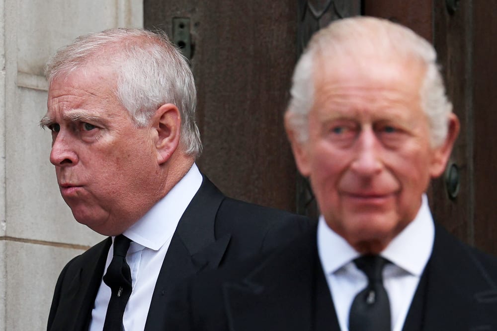 Britain's Prince Andrew, Duke of York (L) and Britain's King Charles III on Sept.16, 2025 at Westminster Cathedral in London.