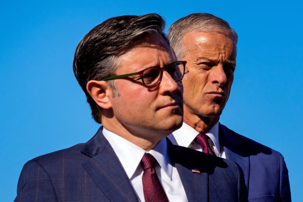 Speaker of the House Mike Johnson and Senate Majority Leader John Thune at a news conference on Oct. 1, 2025, on the Upper West Terrace of the U.S. Capitol Building.