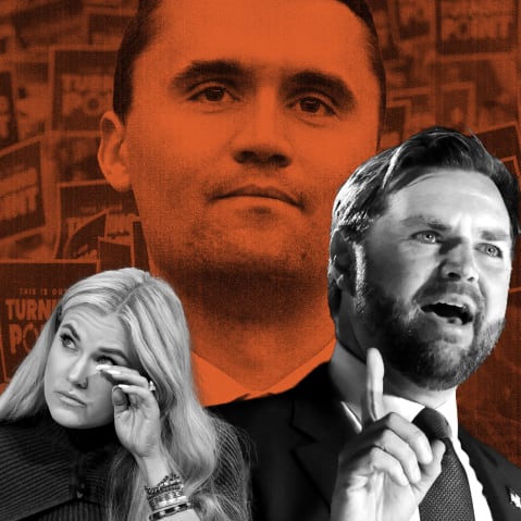 a collage showing Charlie Kirk, Erika Kirk, and JD Vance in front of Turning Point USA supporters