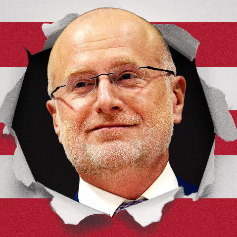 Photoillustration of Brendan Carr popping his head out of an American flag.