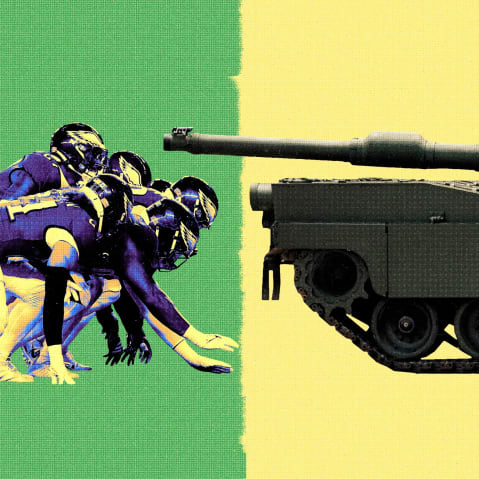 A photo illustration depicting a group of NFL players facing an American tank.