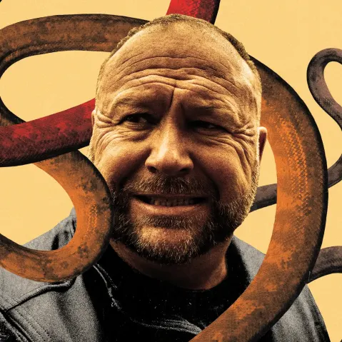 A photo illustration of Alex Jones surrounded by snakes.