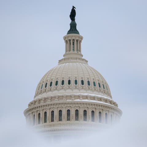 Snow frames the dome of the Capitol.
