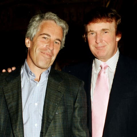 Epstein and Trump pose for a portrait together while Trump has his right hand over Epstein's shoulder.