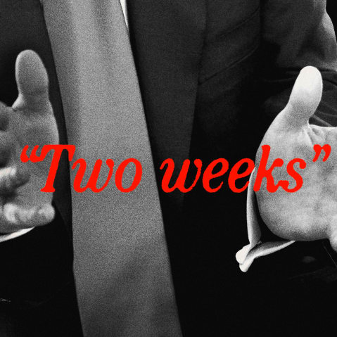 Photoillustration of Donald Trump gesturing with the words "two weeks" overlaid.