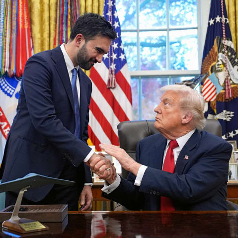 Zohran Mamdani, left, and Donald Trump shake hands in the Oval Office.