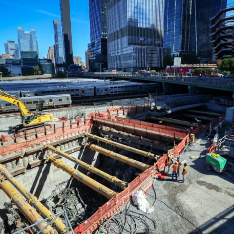 Workers at a construction site for the Gateway Program Hudson Tunnel Project in New York City.