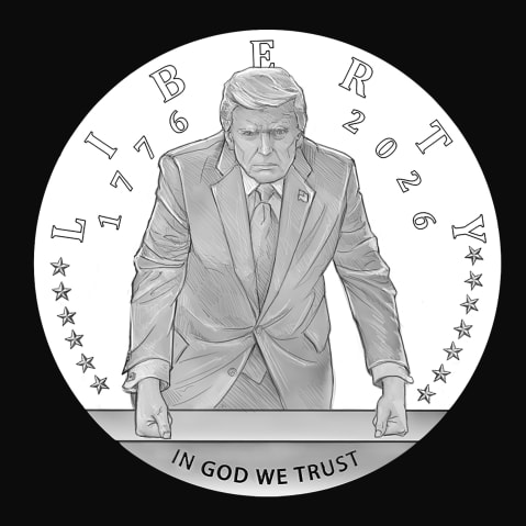 An illustrative rendering of the obverse of a coin, showing Donald Trump leaning over a desk.