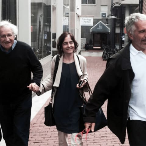 Noam Chomsky (left) with wife Valeria Wasserman and Jeffrey Epstein (right) in an undated photo.