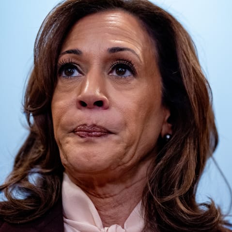 Kamala Harris speaking to reporters as she walks out of a meeting at the U.S. Capitol.