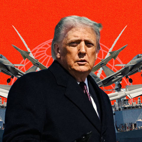 Photoillustration of Donald Trump in front of American military assets and an illustrated globe icon, all overlaid on a bright orange background.