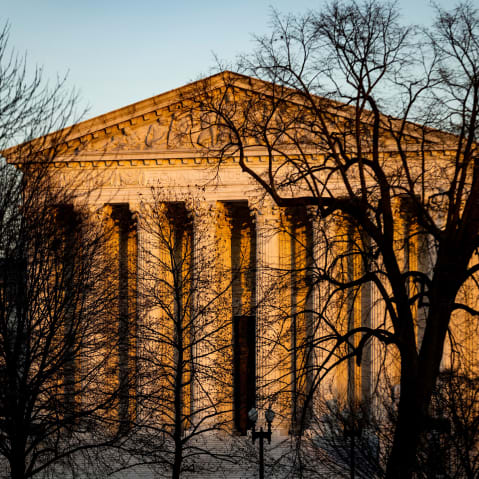 SCOTUS can be seen at sunset behind tree branches.