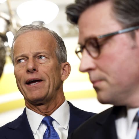 Senate Majority Leader John Thune and Speaker of the House Mike Johnson following the Republican Senate Policy Luncheon on Oct. 07, 2025 at the U.S. Capitol.