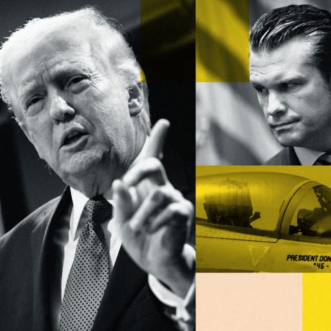 A stylized collage of Donald Trump, Pete Hegseth, and a fighter jet reading &ldquo;President Donald J. Trump 46-47&rdquo;