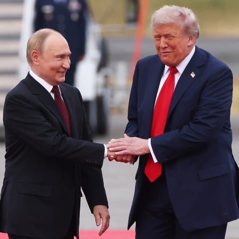 President Donald Trump welcomes Russian President Vladimir Putin to Joint Base Elmendorf-Richardson on Aug. 15, 2025, in Anchorage, Alaska.