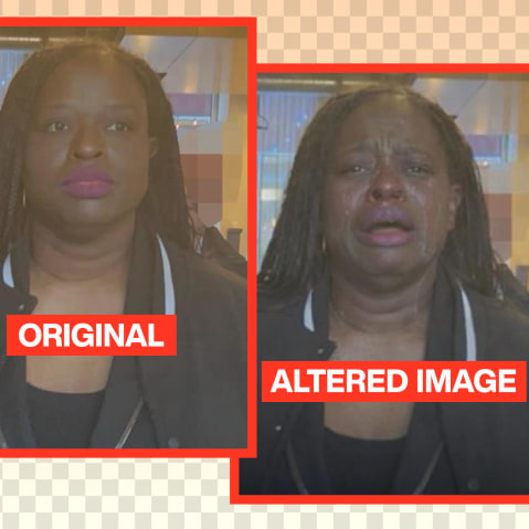 Two images showing a woman being arrested; in the original the woman shows no emotion, and in the AI-altered image she is crying.