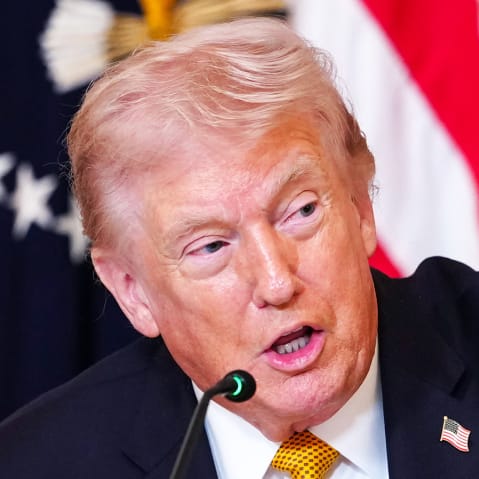 President Donald Trump speaks during a meeting with trustees of the John F. Kennedy Center for Performing Arts in the East Room of the White House.