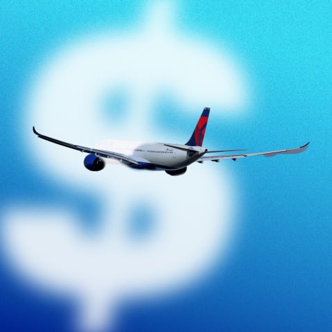 An illustration airplane flying through a dollar sign cloud