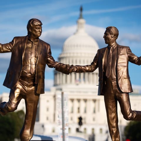 A status of Donald Trump and Epstein holding hands while their back feet are up is placed in front of the capitol.