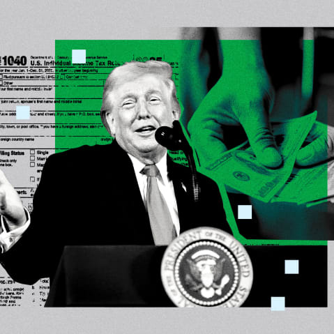 Photoillustration of Trump speaking with a collage of a person holding dollar bills, along with an IRS tax form.