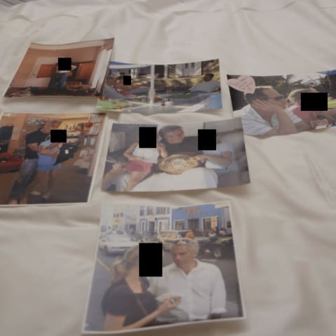 Photos of Jeffrey Epstein with unnamed girls in redacted and undated photos released by the Department of Justice.