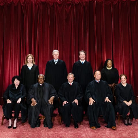 Justices of the US Supreme Court during a formal group photograph on Oct. 7, 2022 at the Supreme Court in Washington, D.C. Seated from left: Associate Justice Sonia Sotomayor, Associate Justice Clarence Thomas, Chief Justice John Roberts, Associate Justice Samuel Alito Jr. and Associate Justice Elena Kagan. Standing from left: Associate Justice Amy Coney Barrett, Associate Justice Neil Gorsuch, Associate Justice Brett Kavanaugh and Associate Justice Ketanji Brown Jackson.