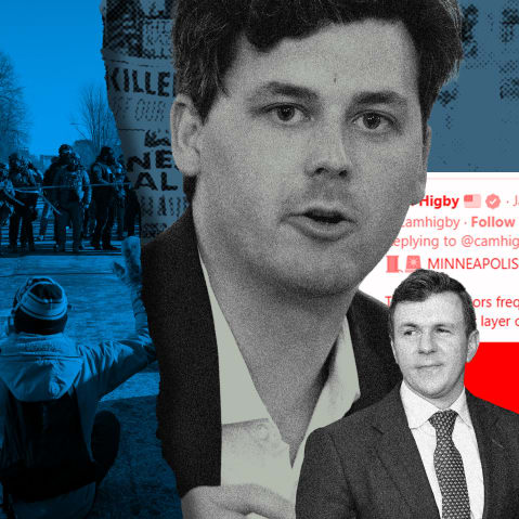 A collage showing protests in Minneapolis, Cam Higby, and James O'Keefe