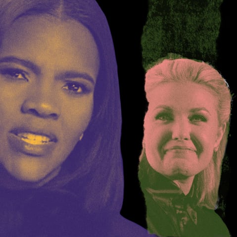 A photo collage of Candace Owens and Erika Kirk.