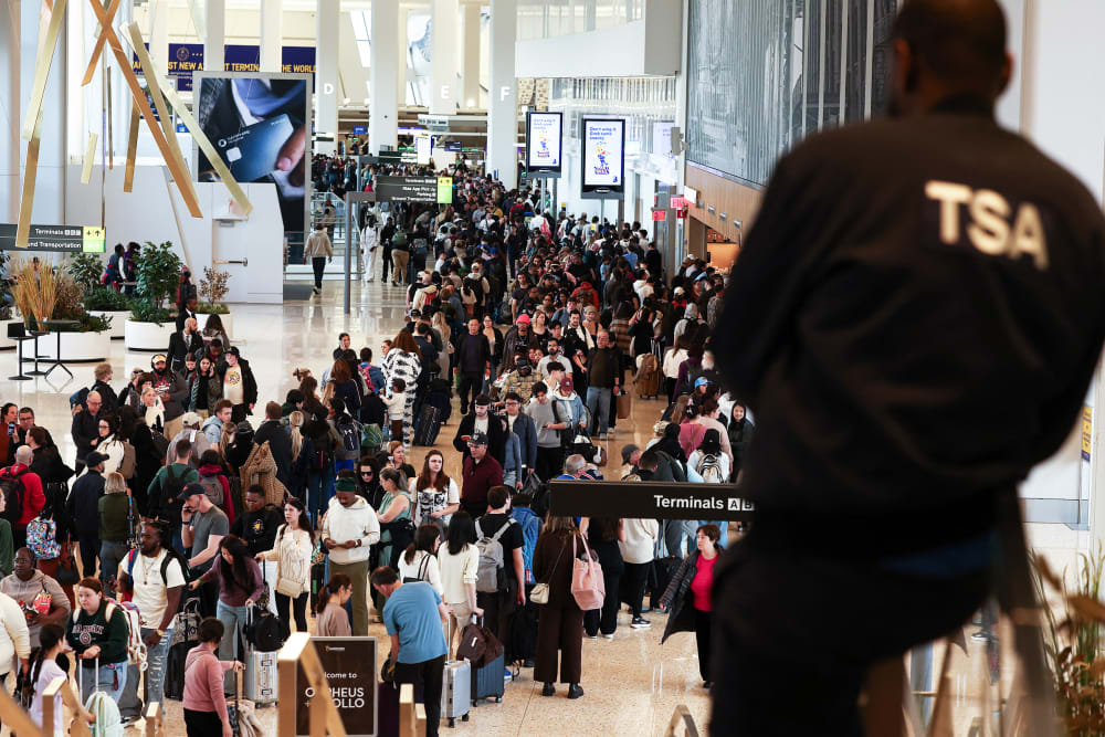 A Transportation Security Administration (TSA) agent looks on passengers queue to go through security.