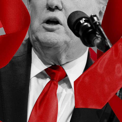 a photo illustration showing Trump with a long red tie weaving around him