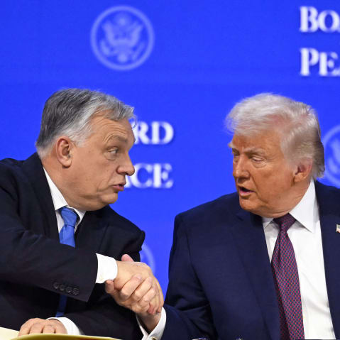 Viktor Orbán, left, and Donald Trump shake hands.
