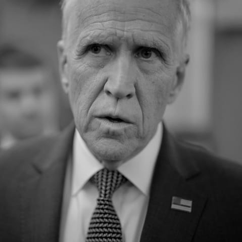 A close up of Thom Tillis in black and white.